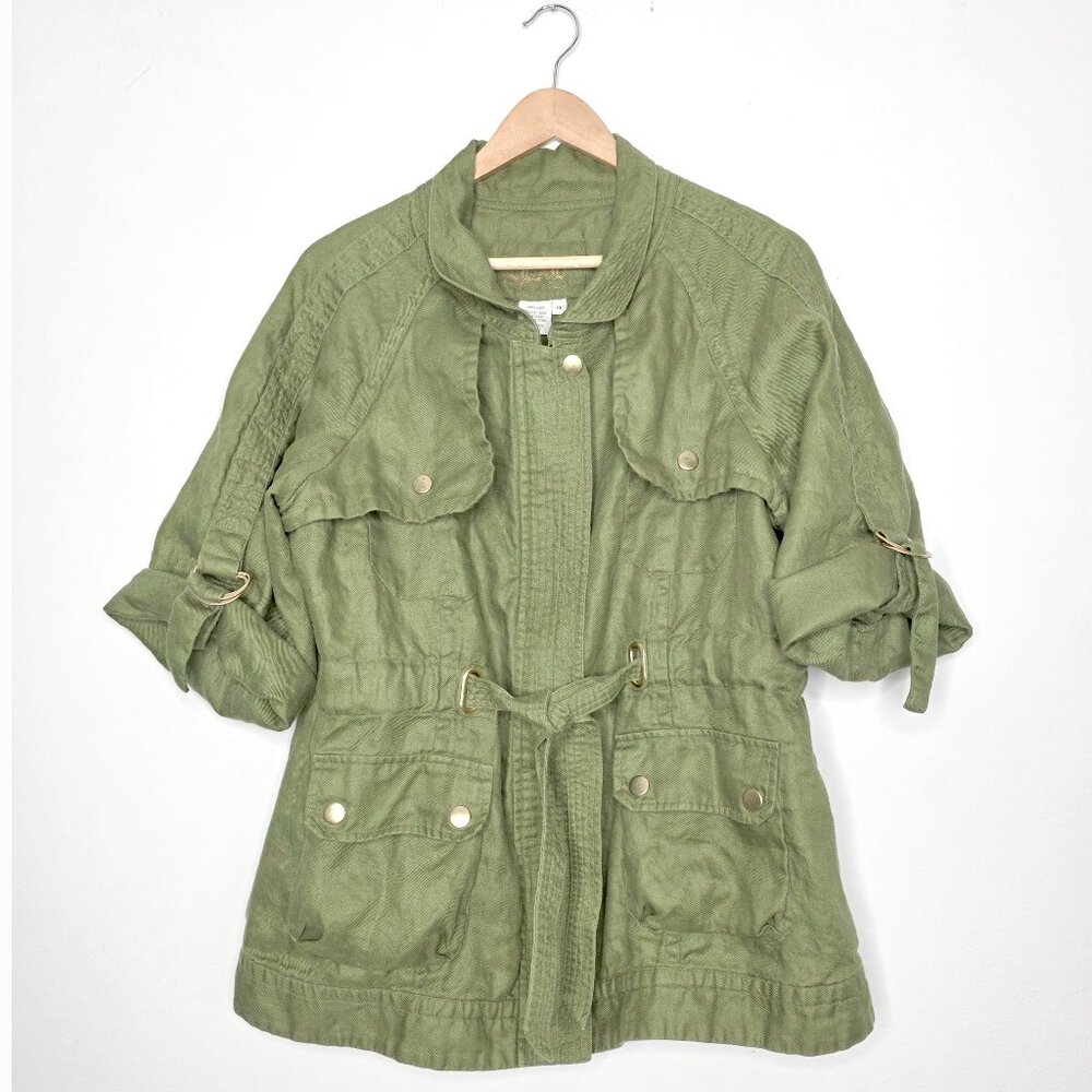 LAL Live a Little Olive Green 100% Linen Utility Jacket Belted Cargo Field XL